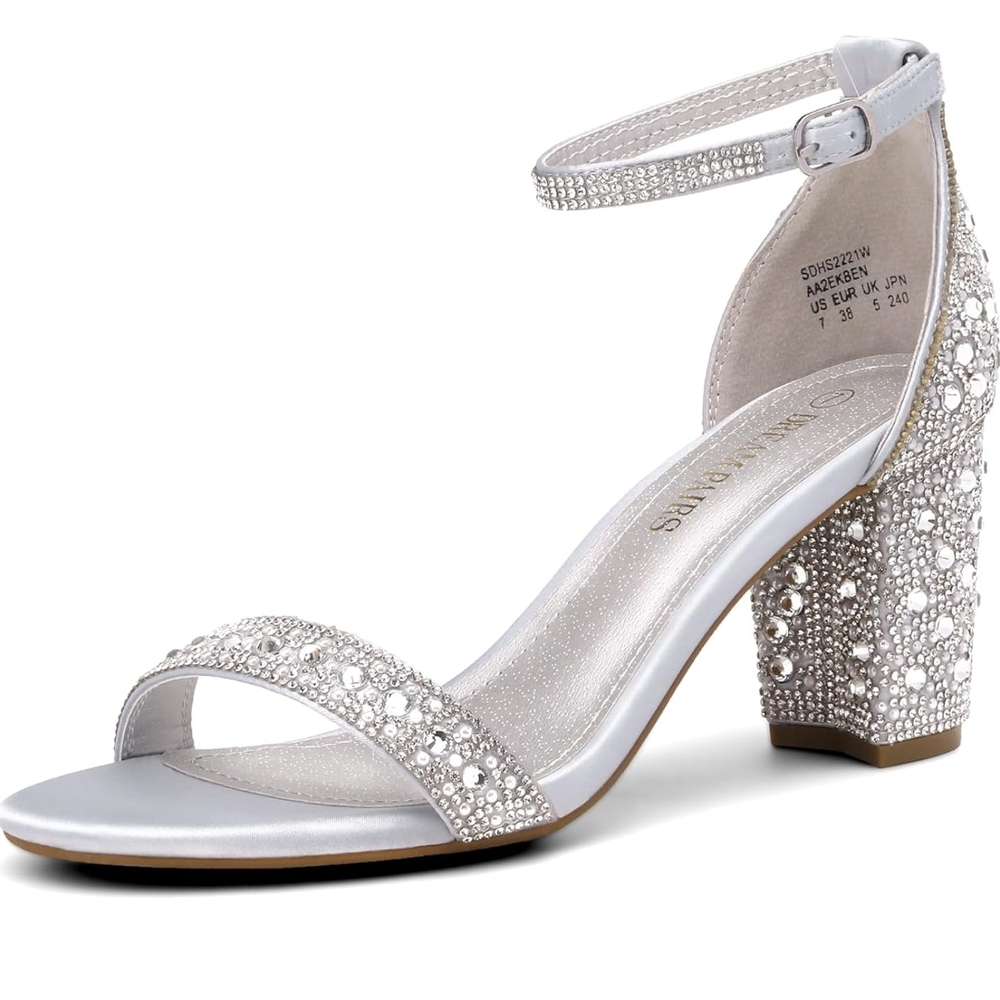 NIB, DREAM PAIRS Women's Chunk Low Heel Pump Sandals, SILVER RHINESTONE